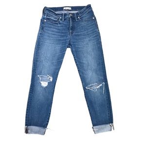 Madewell 9” High Rise Skinny Crop Distressed Denim Jeans Raw Hem Size 28